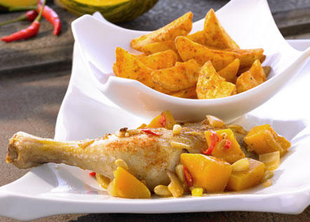 Pernas de frango com abóbora, pinhões e Gomos de batata Rustic
